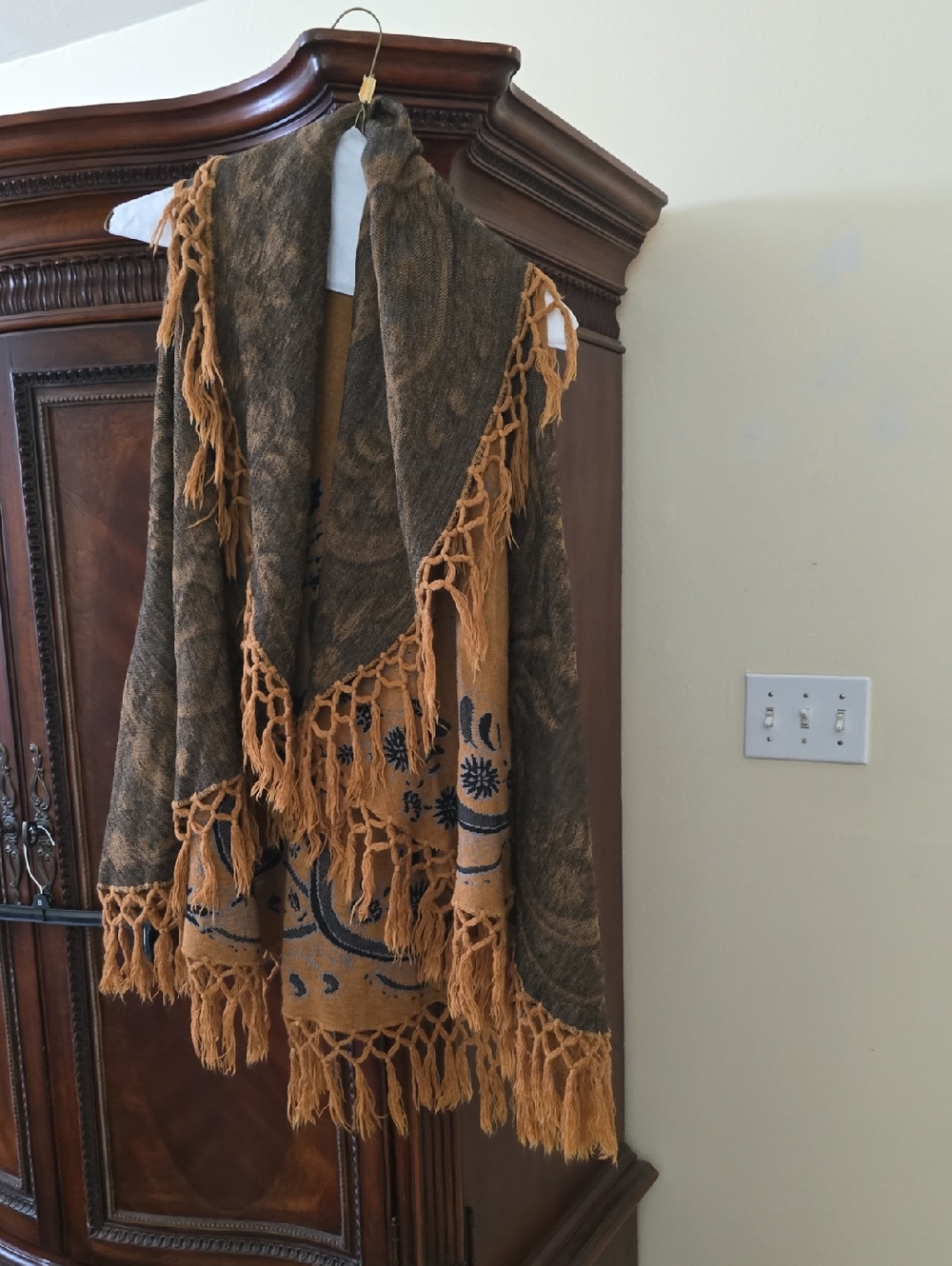 Boho Fringe Shawl Poncho in Mustard and Olive